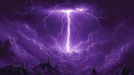 Purple lightning in the dark stormy sky. 3D renderingの素材