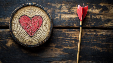 Red heart with arrow on old wooden background. Valentine's day concept.の素材