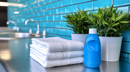 Bathroom interior with towels and shampoo bottle on the countertopの素材