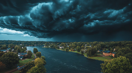 Dramatic stormy sky over the river. Nature composition.の素材