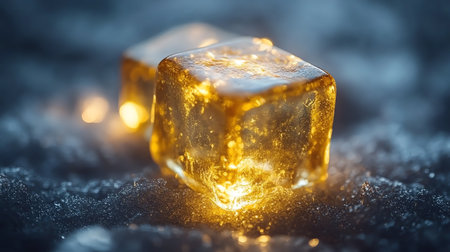 Golden ice cubes on glittering background with bokeh lights.の素材