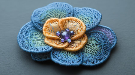 Macro shot of a beautiful flower made of fabric and beads.の素材