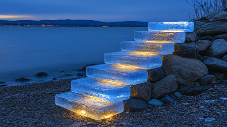 Staircase made of ice and led lights on the beach.の素材
