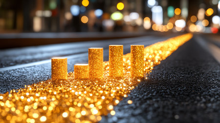 Gold bars on the road in the city at night. 3d renderingの素材