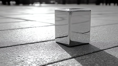 3d rendering of a metal cube on the floor in black and whiteの素材