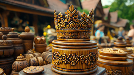 Wooden souvenirs in the form of a crown on the tableの素材