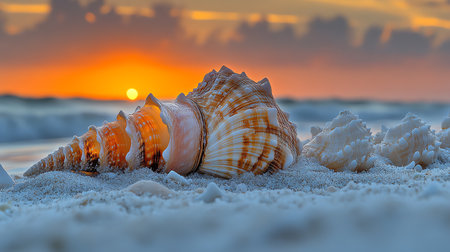 Seashells on the beach at sunset. 3d renderingの素材