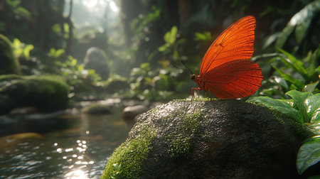 Butterfly sitting on a rock in a tropical rainforest with sunlightの素材