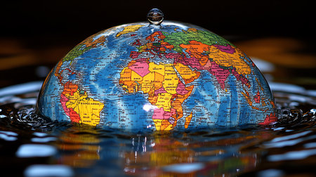 Globe in water with world map. Global warming and climate change conceptの素材