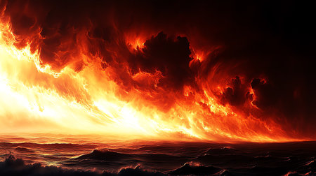 Fiery sunset over the sea. 3D illustration. Conceptual imageの素材