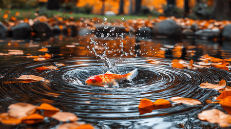 Beautiful goldfish jumping in the autumn pond with fallen leaves.の素材