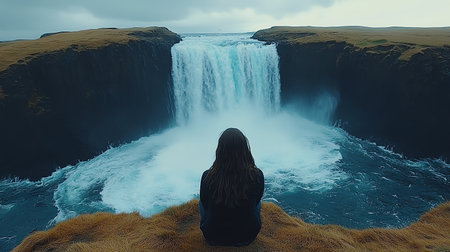 Woman sitting in front of a powerful Skogafoss waterfall, Icelandの素材