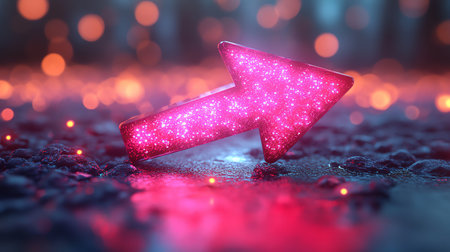 Arrow pointing to the right on a dark background with bokehの素材