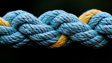 Close up of a blue and yellow nautical rope on black backgroundの素材