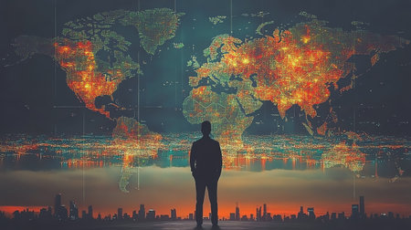 Silhouette of a businessman on the background of the world map and the city.の素材