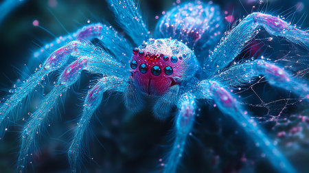 3d illustration of a blue spider with a red dot on its eyeの素材