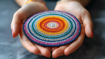 Close up of female hands holding multicolored beads on gray backgroundの素材