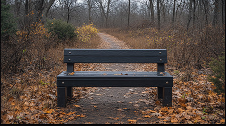 Bench in the autumn park with fallen leaves on the ground and fogの素材
