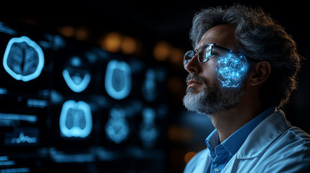 View of a Portrait of a futuristic man with a futuristic interfaceの素材