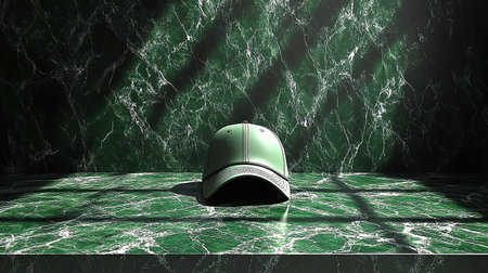 Baseball cap on green background. 3D rendering. Computer digital drawing.の素材