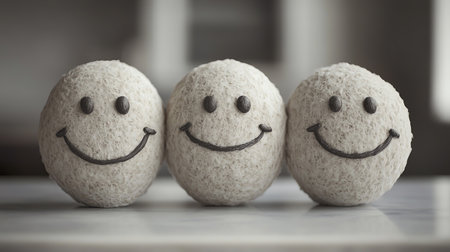 Smiling and happy smiley balls on a wooden table in the kitchenの素材