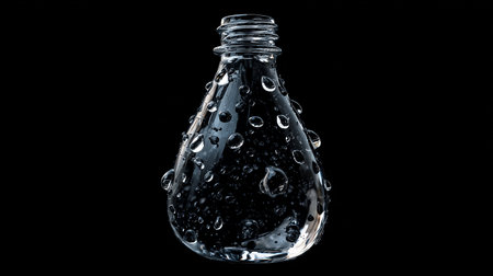 Water drops in a glass bottle on a black background, close-upの素材