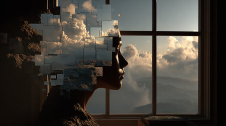 Silhouette of a woman's head against a window overlooking the cloudsの素材