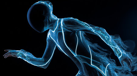 3D Illustration of a virtual human body made of glowing particlesの素材