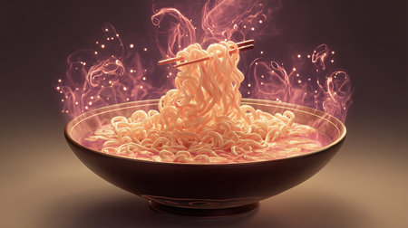 Ramen noodles in bowl with chopsticks and smoke on dark backgroundの素材