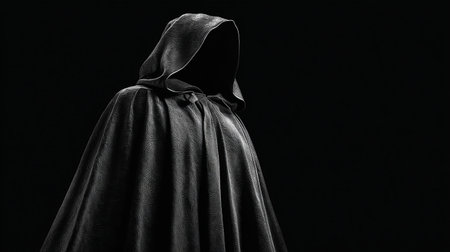 dark silhouette of a man in a black cloak on a black backgroundの素材