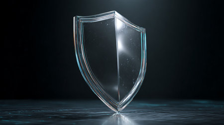 Shield on black background. 3D rendering. Cyber security concept.の素材