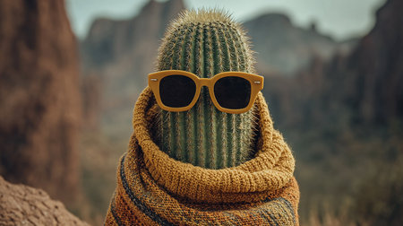 Cactus wearing sunglasses and scarf on the background of mountains in Moroccoの素材