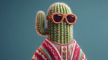 Cactus wearing sunglasses, on blue background. Minimal concept.の素材