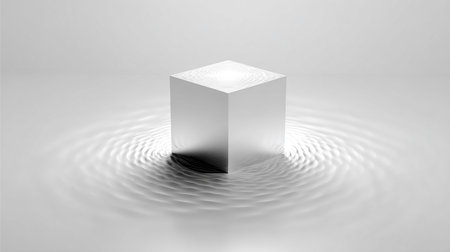 3d render of white cube in water with ripples and wavesの素材