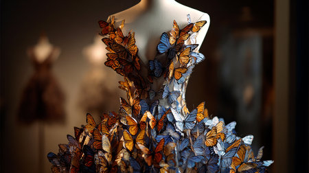 Butterflies on a mannequin in a fashion store.の素材