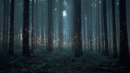 Foggy night in the forest with glowing tree trunks and starsの素材