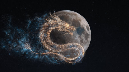 Dragon flying in the night sky with full moon. 3D renderingの素材