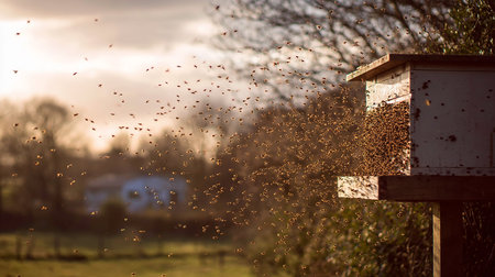 Beehive with bees in the field at sunset, UK.の素材