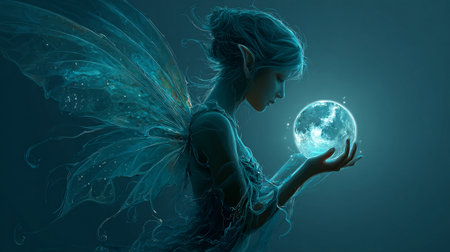 Fantasy image of a fairy with moon in her hands. 3d renderingの素材