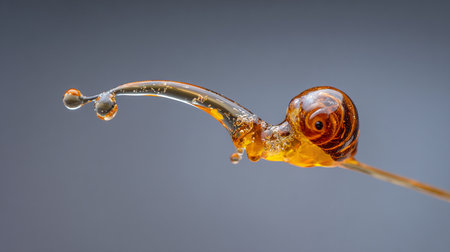 snail on a stick with a drop of water on a gray backgroundの素材