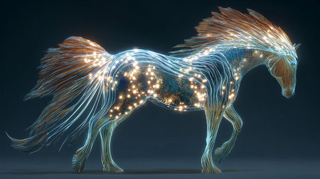 3D rendering of a horse made up of glowing lines on a dark backgroundの素材