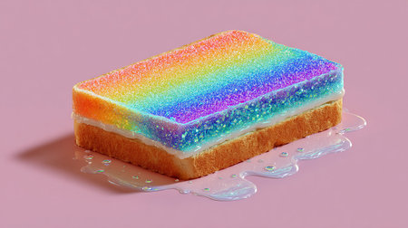 A slice of bread with a rainbow pattern on a pink background.の素材
