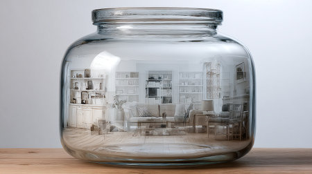 House model in glass jar on wooden table. 3D illustration.の素材