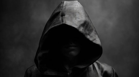 Young man in a hooded sweatshirt on a dark background.の素材