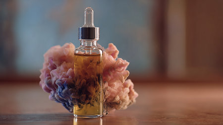 Essential oil in a glass bottle on a wooden table with a flowerの素材