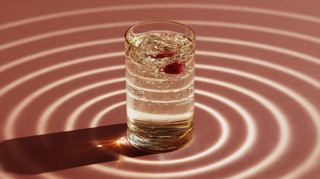 Glass of water with raspberries on a red background with shadowsの素材
