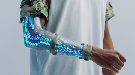 Close-up of human hand with prosthetic arm against grey backgroundの素材