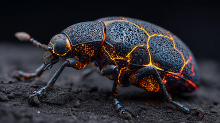 Macro shot of a scarab beetle on a black background.の素材
