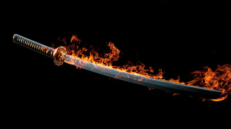 Japanese sword on fire isolated on black background, close-up.の素材