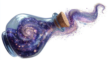 Spilled magic potion in a bottle, isolated on white background.の素材